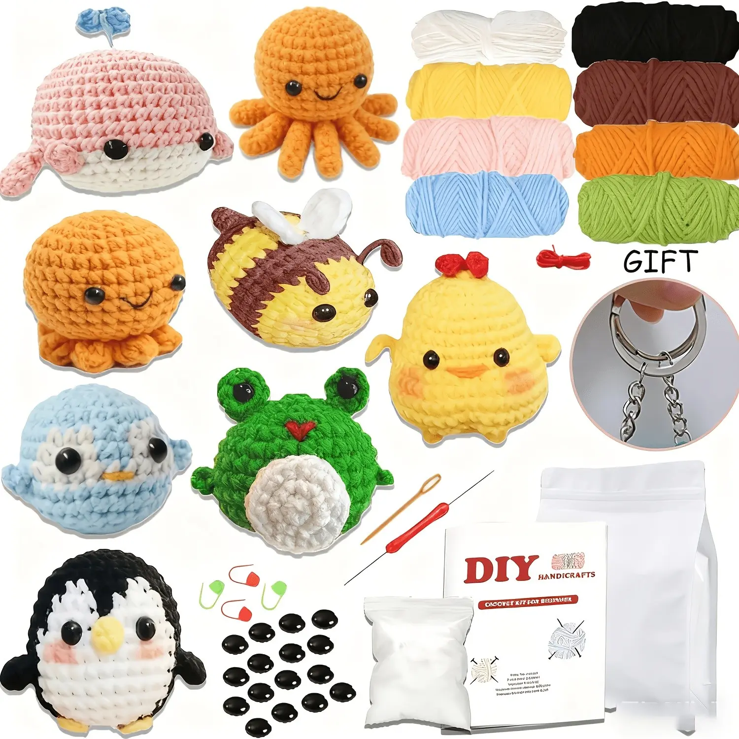 8pcs Complete Crochet Animal Amigurumi Kit for Beginners with Step-by-Step Video Tutorials, Yarn & Hooks Suitable for Learn to Crochet, DIY Crafts, Christmas Gifts, - Crochet Set for And