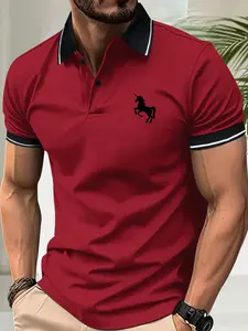 Men’s summer cotton short-sleeve polo shirt with horse print, classic retro style; lightweight, versatile athletic casual outdoor fashion golf apparel; trendy black short-sleeve design—an ideal gift for a boyfriend or son.