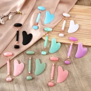 Travel Beauty Essential 2 Piece Compact Lightweight Tool Set, Facial Gua Sha Massager, Face Lifting Roller, Baby Powder Body Care Body Massager, Supports Circulation, Reduces Puffiness