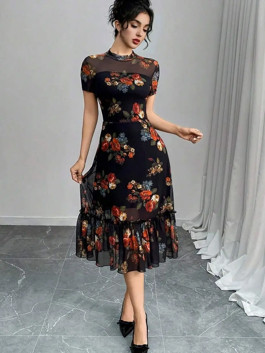 Gothic Floral Mesh Mid-Length Dress - Ruffle Hem Vacation Summer Style