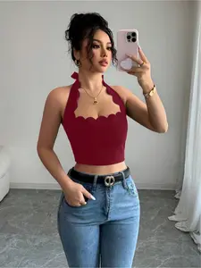 Women's Elegant Boat Neck Tie Back Vest Top Tank Top, Casual Comfortable Fitted Design, Plain Pattern, All Seasons Wear