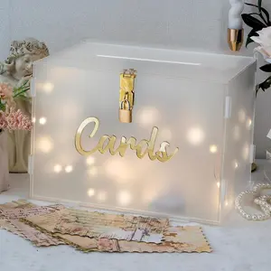 Frosted Acrylic Wedding Card Box with Lock, DIY Gift Card Box for Wedding Reception with String Light and Pen, Envelope Money Card Box for Party Birthday Graduation Baby Shower Decor