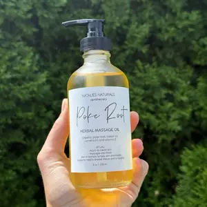 Natalie's Naturals Apothecary Poke Root Herbal Massage Oil - Organic Castor Jojoba Vitamin E - 8 oz Glass Pump Bottle & 2 oz Tincture - Skin Care Cosmetic