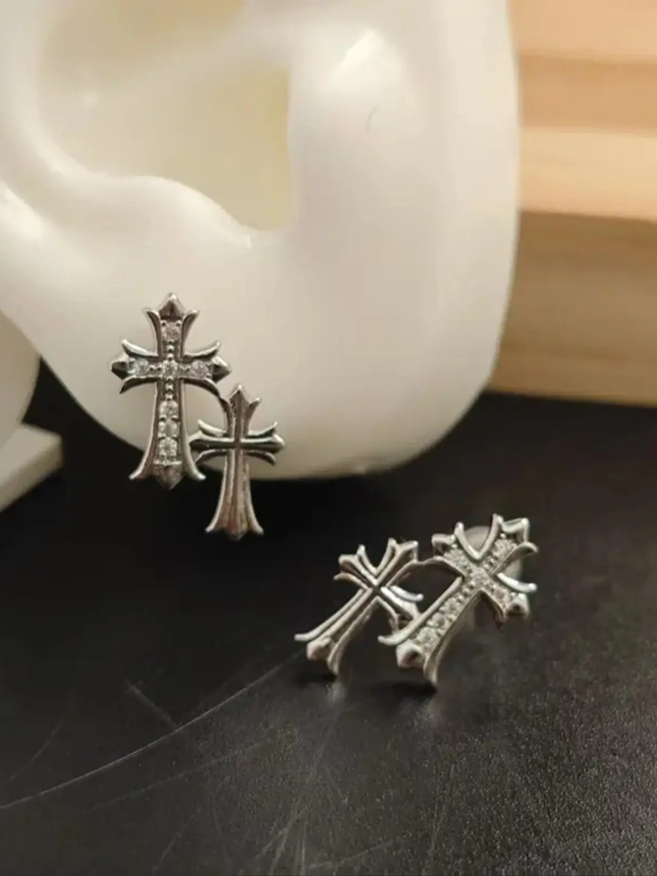 14k gold double cross zircon stud earrings, copper zircon cross earrings, versatile stackable double cross earrings, unisex and couple styles, perfect gift choice, Earrings Studs