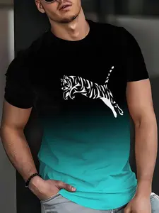 Men's Gradient Tiger Print Short Sleeve T-Shirt, Classic Menswear Streetwear Casual Daily Fitness Top, Summer Fashion Round Neck