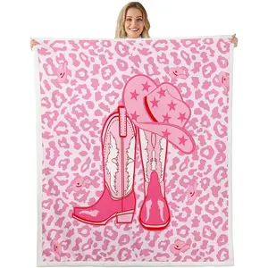 Western Cowgirl Throw Blanket Pink Cowboy Hat Boots Bed Blanket for Kid Girl Room Decor,Pink Leopard Print Blanket for Couch Sofa,Soft and Breathable Fleece Blanket