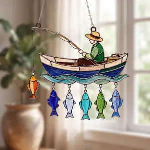 Fishing Acrylic Suncatcher, Fisherman in Boat Acrylic Window Hanging, Coastal Father’s Day Gift, Lake House Fishing Decor, Summer Fisherman Ornament, Patriotic Gift