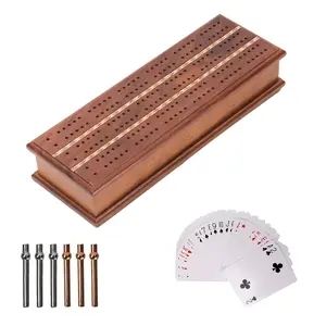 2-Track Wooden Cribbage Board Game with Metal Pegs and Card