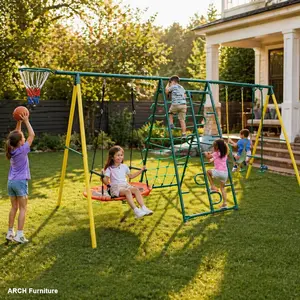 Kids Outdoor Play 611-in-1 Backyard Outdoor Swing Set - Patio Furniture with Climbing Frame, Climbing Net, Glider, Hammock, Belt Seat, Basketball Rim