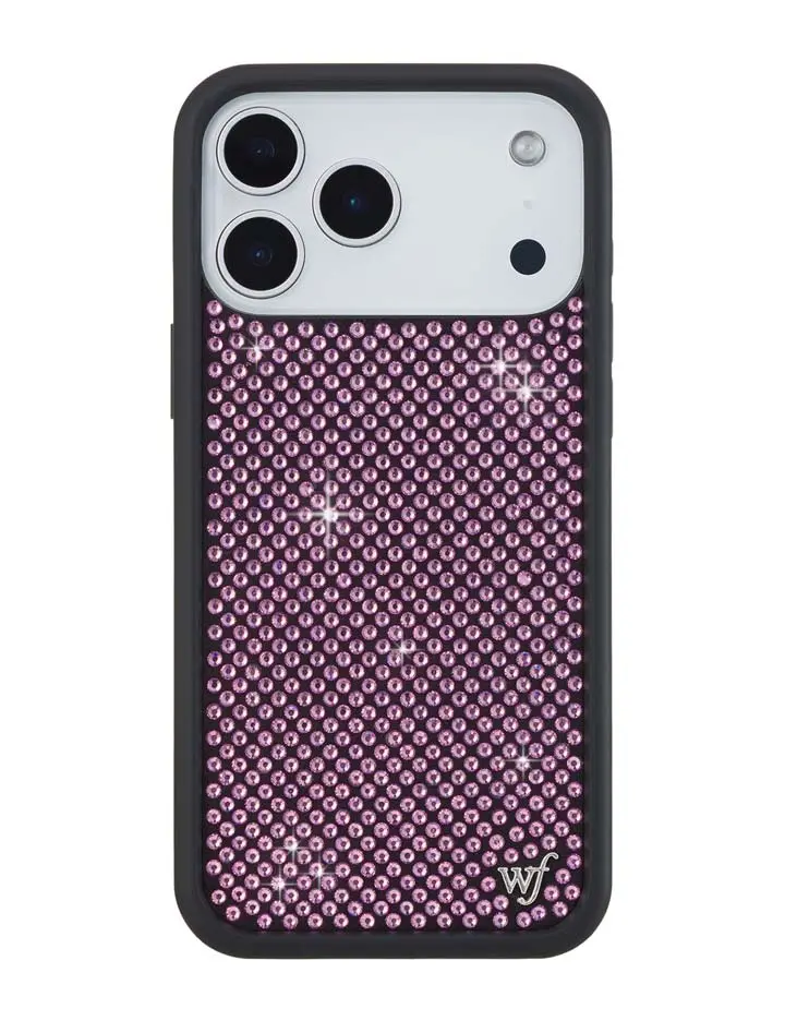 Pink Rhinestones | Limited Edition Trendy Collab iPhone Case | Raised Protective Black Bumper | Women Owned Small Business | Shiny Vibrant Pink and Silver Studded Black Background | Safety Casing Protective | Gift for Her