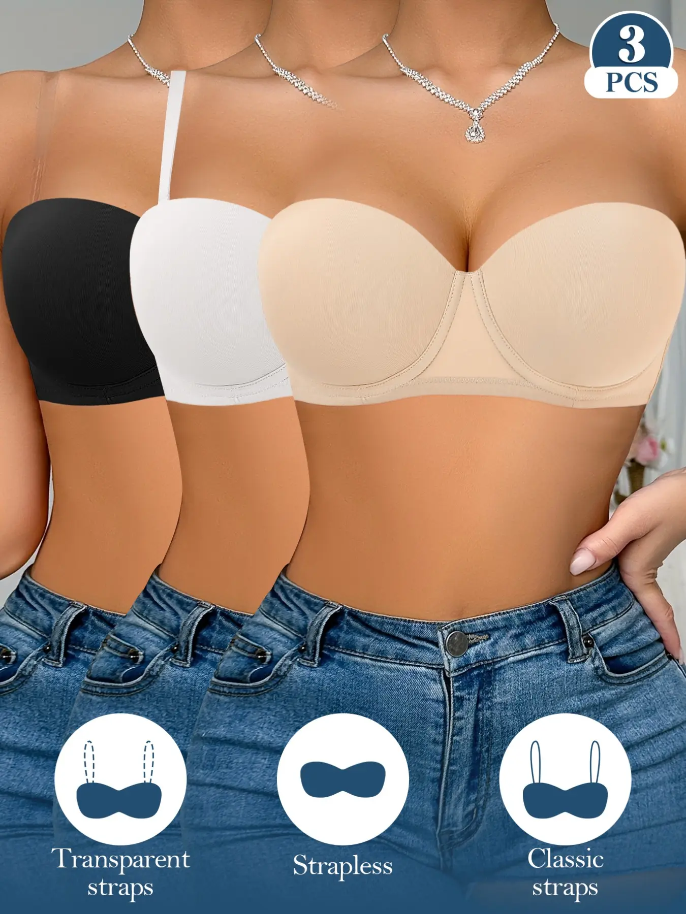 3PCS Women's Seamless Smooth Strapless Basic Elegant Bra, Underwire Medium Support Push-Up, Multiway Removable Straps, Anti-Slip and Comfortable Lightweight Breathable, Daily Wear, Seamless Everyday Bra, Essential Bra, Comfy Bras