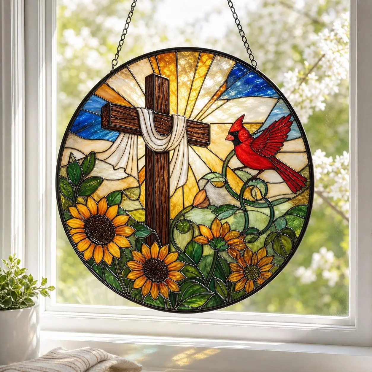 Personalized Cardinal Cross Sunflower Stained Glass Suncatcher, Christian Floral Window Hanging, Religious Faith Decor