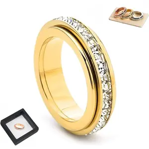 Titanium Steel Spinner Ring, Cubic Zirconia Eternity Band Fidget Ring for Women Men, Rotatable Anxiety Relief Ring with Sizes 5-10(Silver,9) summerwins
