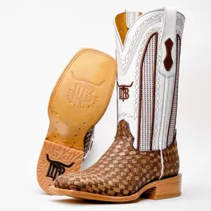 Tan Basketweave Leather Boots -Square Toe Tan Basketweave Leather Boots -Square Toe