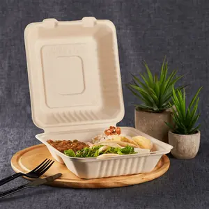 Karat Earth 8'' x 8'' Compostable Bagasse Hinged Containers, Natura, 3 Compartments - 200 pcs