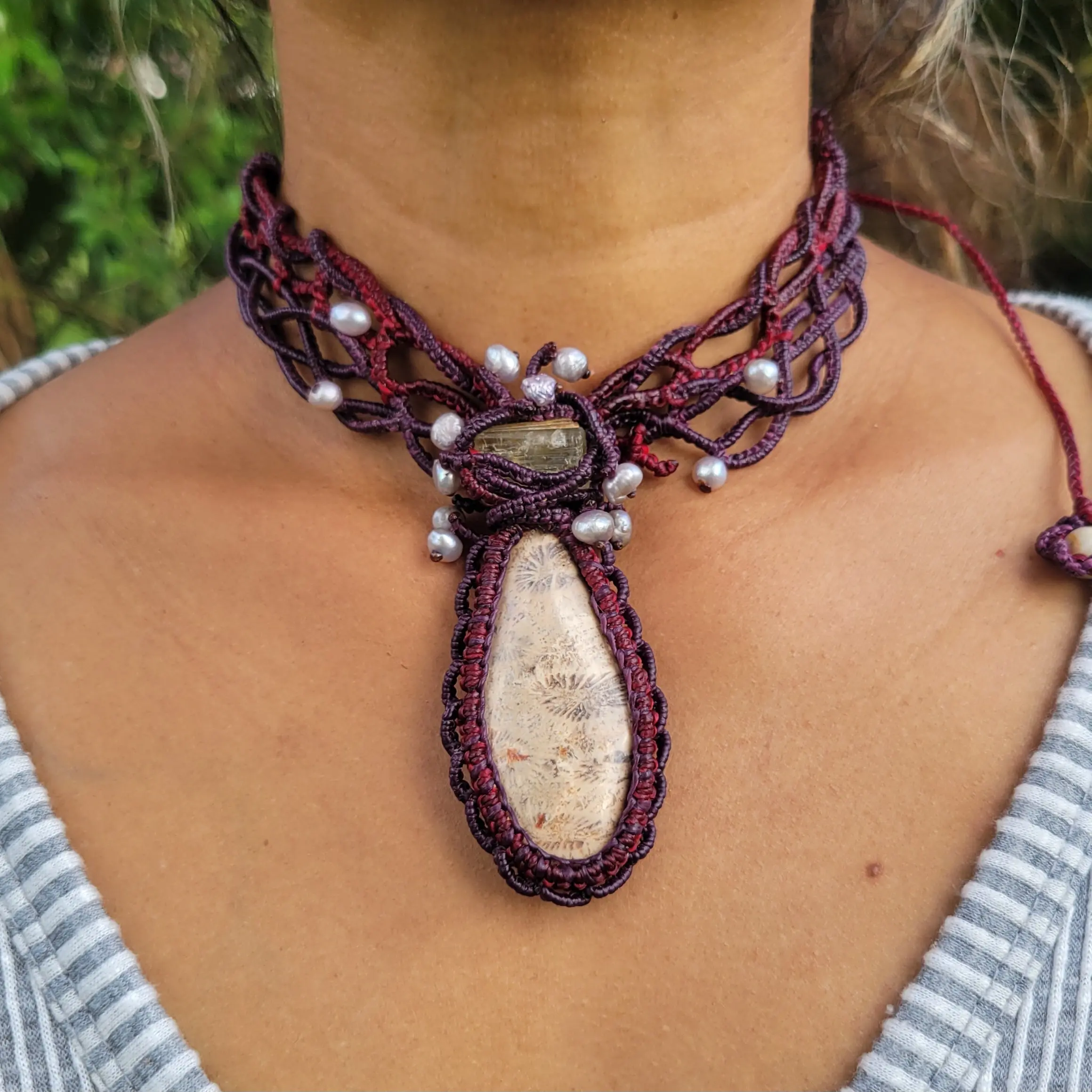 Fossil Jewelry – Coral Pendant Choker with Quartz and Pearls