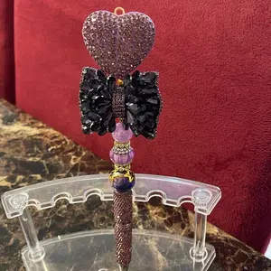 Custom Rhinestone Purple Heart & Bow Beaded Pen with Sparkling Beads and Elegant Design