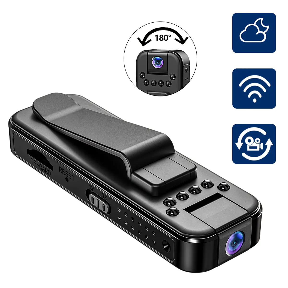 Wearable 1080P Action Camera, Clip‑On Portable Design, 180° Rotatable Lens, Infrared Night Vision, Loop Recording, Motion Detection, Hands‑Free Video Camera, Vlogging Camera for Cycling, Hiking, Travel, Security, Portable Wearable Camcorder