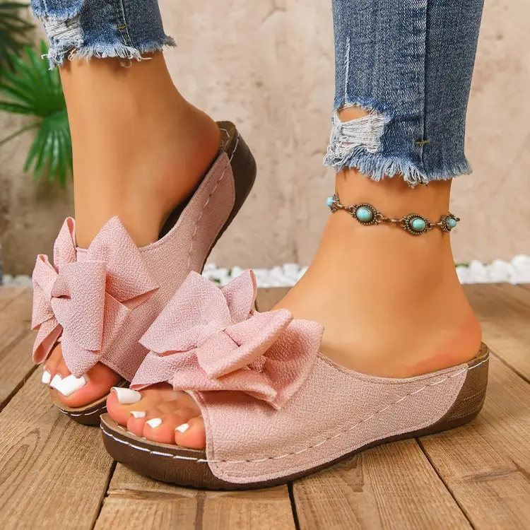 Viral Bow Peep Toe Platform Wedge Slippers Plus Size Beach Slides