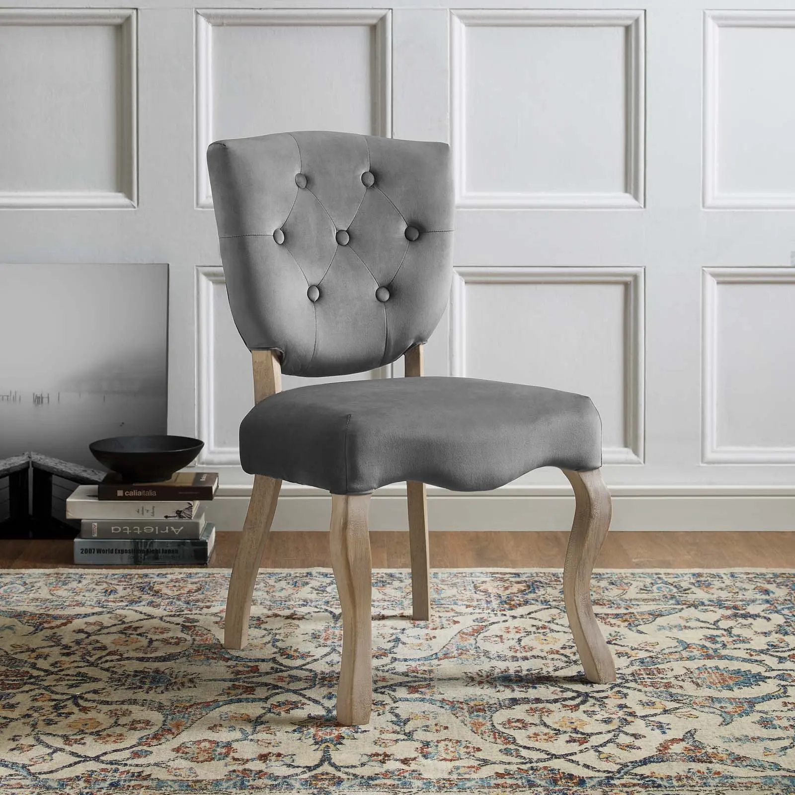 Modway Array Vintage French Upholstered Tufted Dining Side Chair - Performance Velvet, Gray, Shield Back, Padded Seat, Button Tufting, Wood Frame, Sculptured Silhouette, Non-Marking Foot Caps, Upholstered Tufted Chair