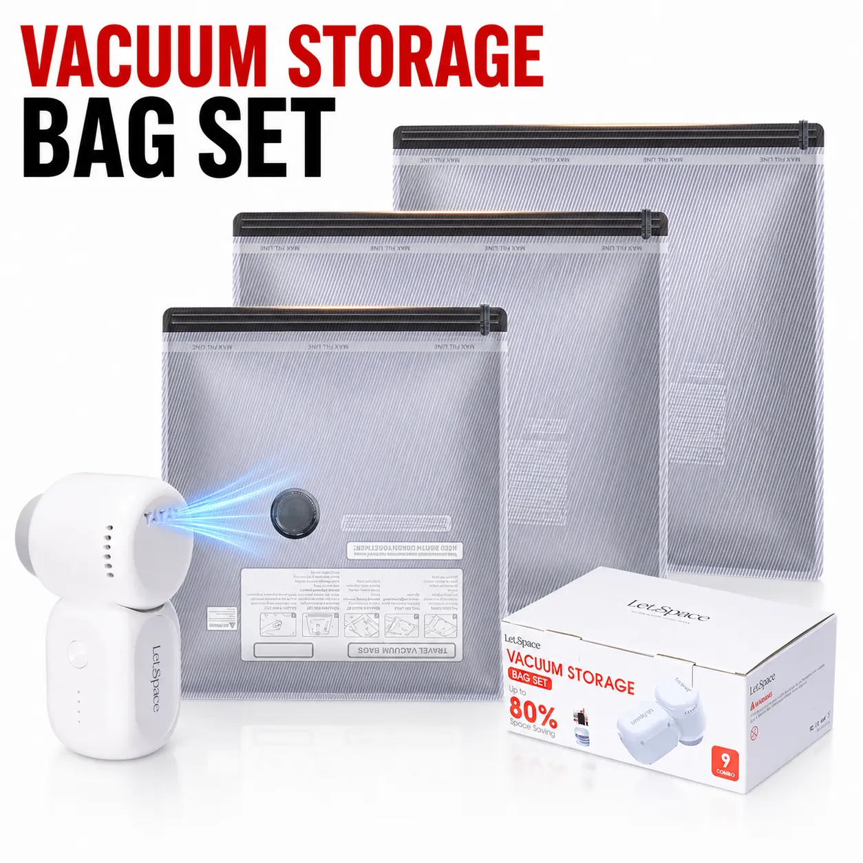 【2026 Upgraded】9/15 Pack Vacuum Bags for Travel with Rechargeable Cordless Electric Pump, Carry-on Packing Bags for Luggage and Suitcase, Space Saver for Clothes and Clothing Compression Lightweight Set