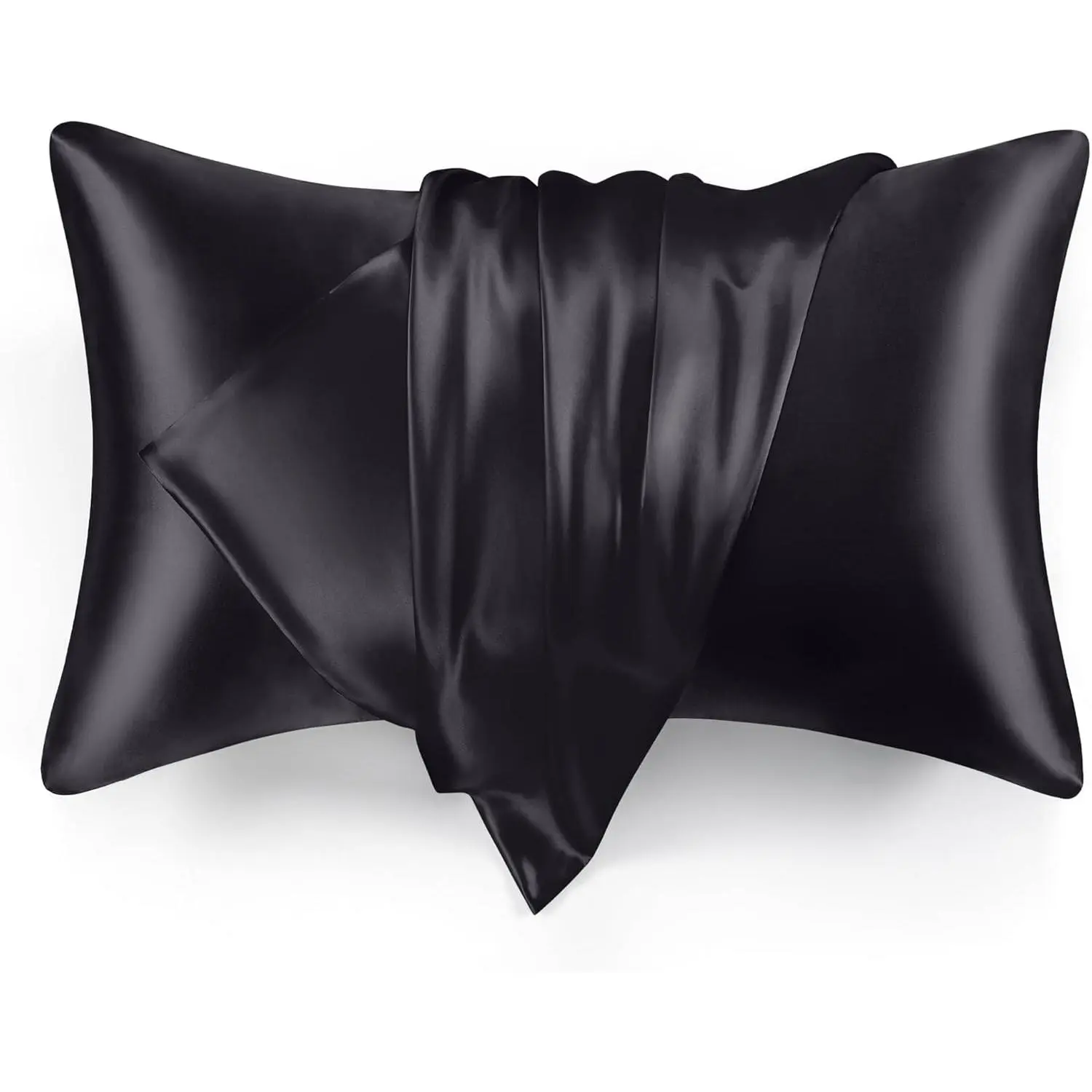 Women's Solid Black Satin 2-Piece Queen Size Pillowcase Set (20x30 in) - Cooling Bedding, Warm, Cool Temp Control, Soft Smooth Finish, Envelope Closure, Wrinkle Resistant, Machine-Wash Easy, Quick-Drying, Less Hair Tangle, Hair & Skin-Friendly