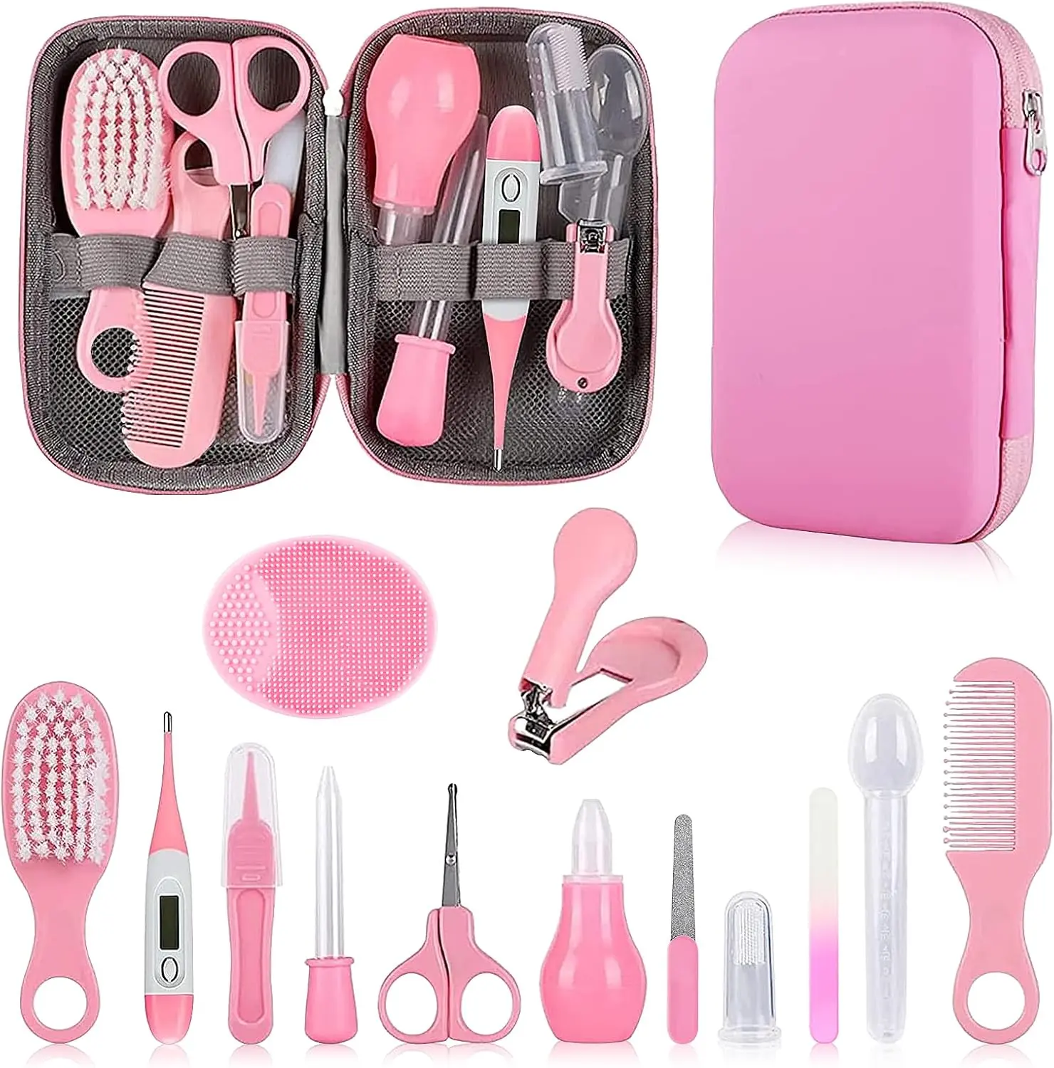 Baby Grooming Kit, Infant Safety Care Set with Hair Brush Comb Nail Clipper, Baby Essentials Kit for Newborn Girls Boys (Pink Baby Grooming kit)