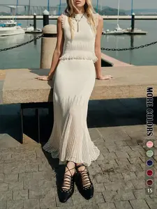 Elegant Two-Piece Set, Sleeveless Knitted Fitted Tank Vest & Long Pleated Skirt, Fashionable Chic Slim Fit Design, Womenswear