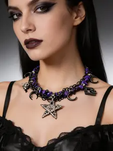 Y2K Hot Girl Heavy-Duty Crushed Stone Five-Pointed Star & Moon Necklace, Punk Street Hip-Hop Style Collarbone Chain, Sweet & Cool Versatile Choker, Dazzling Crushed Stone Setting, Star and Moon Element Collision, Tough Chain with Unique Pendant, Must-Have