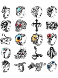 20Pcs Vintage Punk Rings for Men Women Adjustable Open Gothic Knuckle Rings Set Y2K Rings Frog Snake Dragon Claw Peacock Rings Retro Jewelry Rings