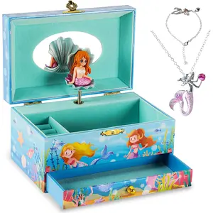 Mermaid Musical Jewelry Box for Girls – Plays Swan Lake, Includes Mermaid Necklace & Bracelet – Musical Jewelry Storage Organizer with Drawer & Spinning Figurine, Birthday Gift for Kids