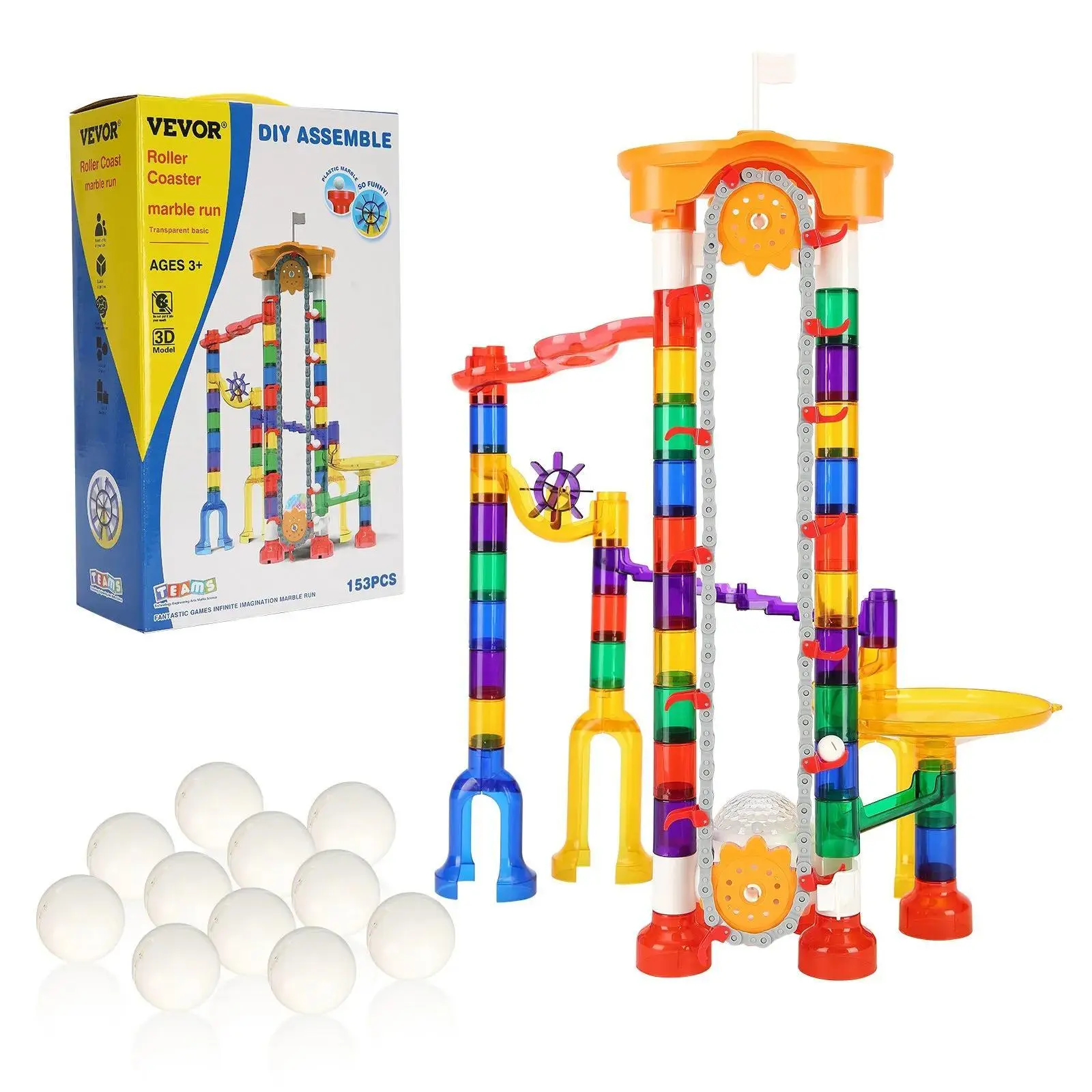 【Summerfinds】VEVOR Marble Run Set,  153 PCS with Motorized Elevator, with 30 Plastic Marbles, Marble Maze Building Block Brain Game, Educational Learning Race Track STEM Toys, for Kids, Boys, Girls Ages 3 + Years
