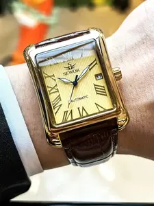 Men's Business Mechanical Watch, Round Analog Dial, Alloy Case, Hardlex Glass, Buckle Closure, All Seasons Fashion Style, Leather Strap Watch