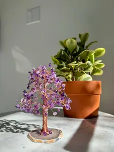 MollyGems Natural Healing Amethyst Crystal Tree of Life Wire Wrapped on Agate Base Money Tree Bonsai Tree Home Office Decor Handmade Christmas Gift Idea for Her