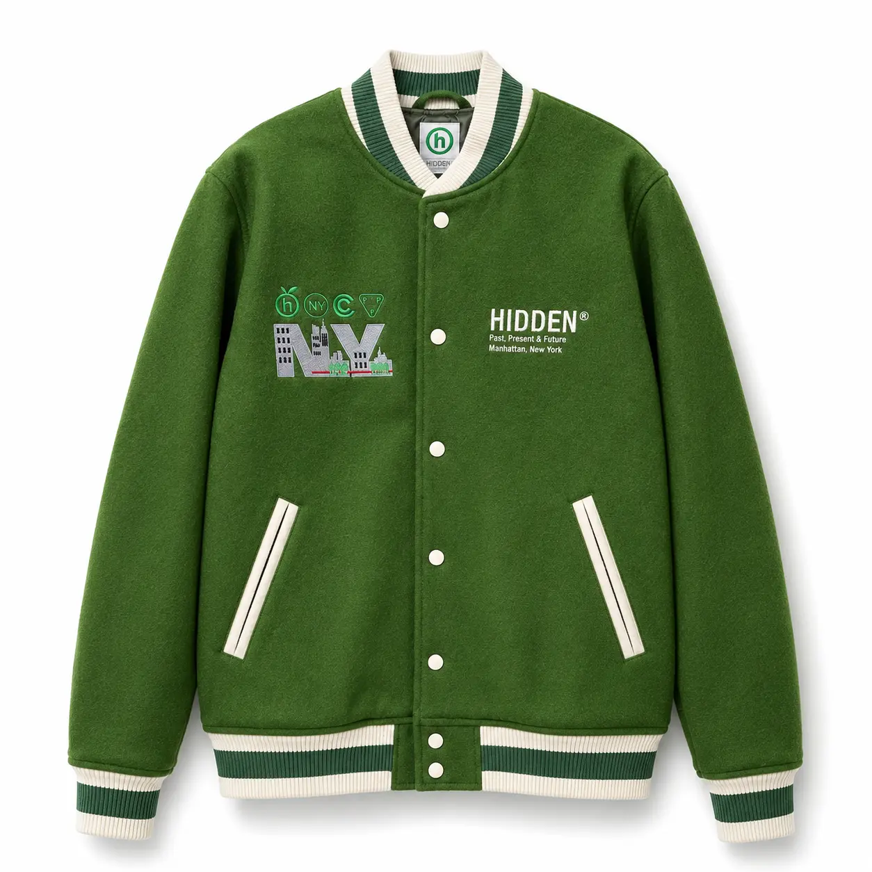 Men's Ribbed Classic Hidden NY PPF Past Present Future Members Only Embroidered Varsity Jacket - Green, Casual Preppy Tops with Pockets, Striped Details, Button Closure, Graphic Design, No