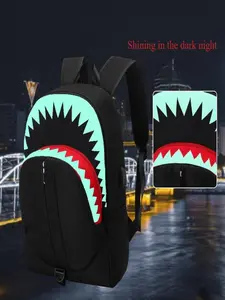 New trend schoolbag - Shark style double-shoulder bag for men, large capacity, personalized and creative backpack for junior high and high school students. Night light feature with exquisite pendant. LED Backpacks
