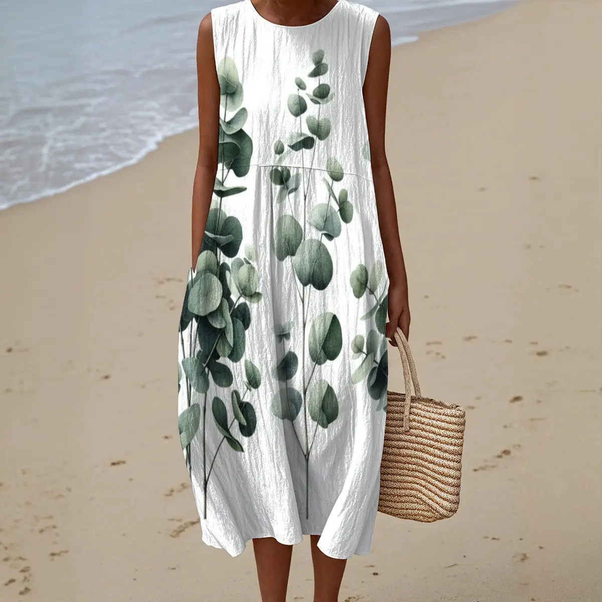 Women's Sleeveless Dress -- Eucalyptus Minimalist Casual Summer Dresses Women Sleeveless Faux Linen Maxi Dress A-Line Sundress Breathable Fabric Polyester Womenswear