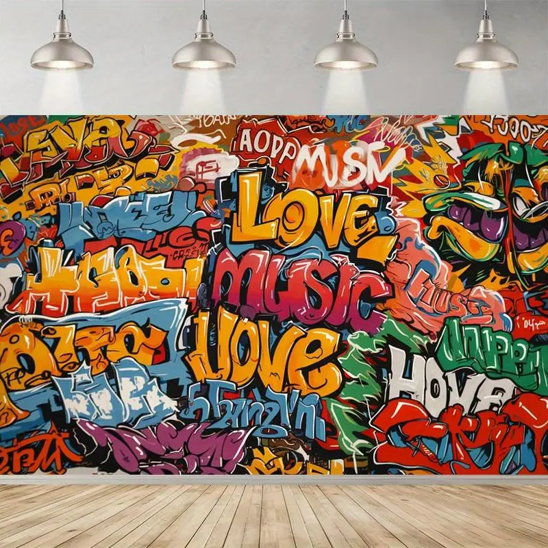 Vibrant 80s 90s Hip Hop Graffiti Party Backdrop - Colorful Polyester Wall Decor with Bold Typography & Musical Themes for Home, Room, and Event Decorations 60X40