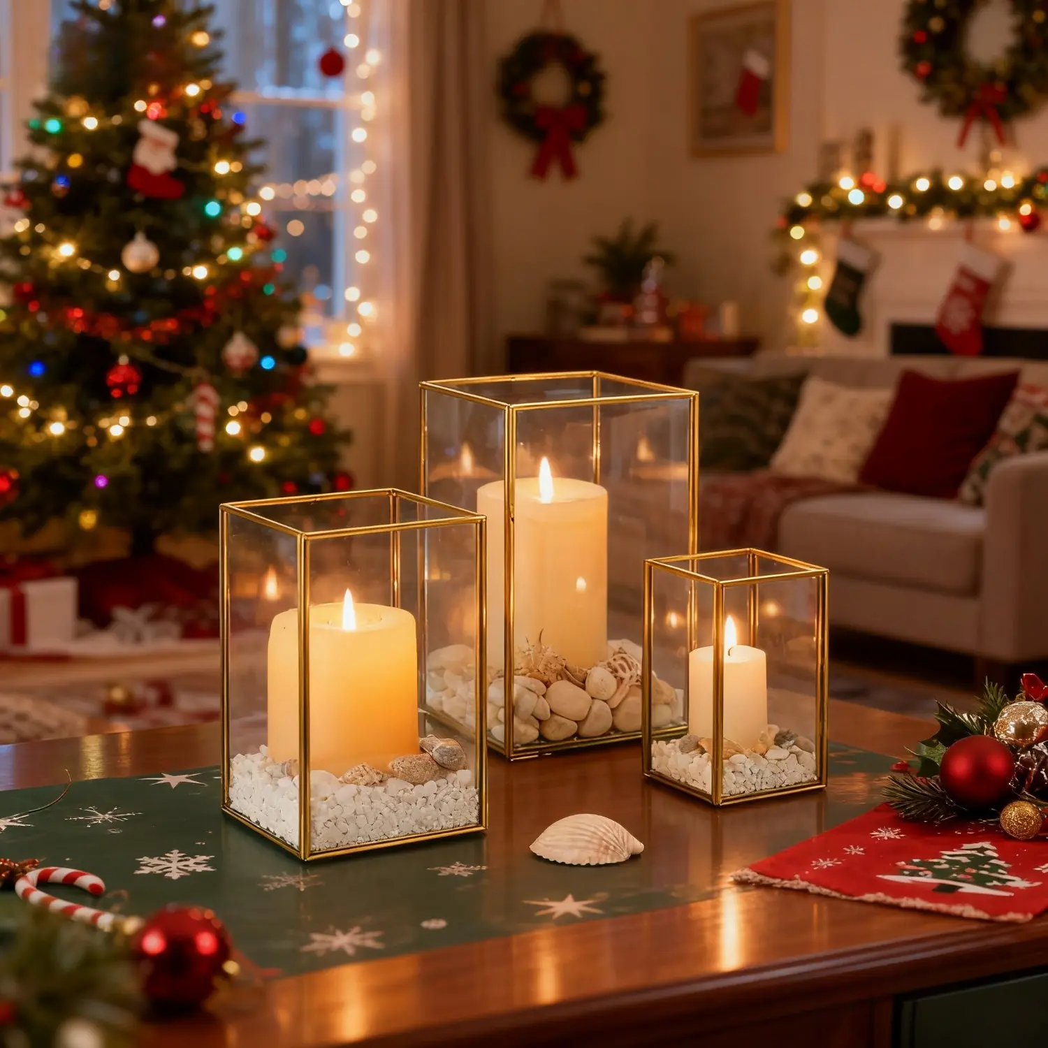 Set of 3 Christmas Style Hurricane Glass Candle Holders, Gold Lantern Pillar Candle Holders, Suitable for Living Room and Indoor Christmas Holiday Party Decorations, Christmas Decorations, Home Decor Essentials, Without Candles and Stones