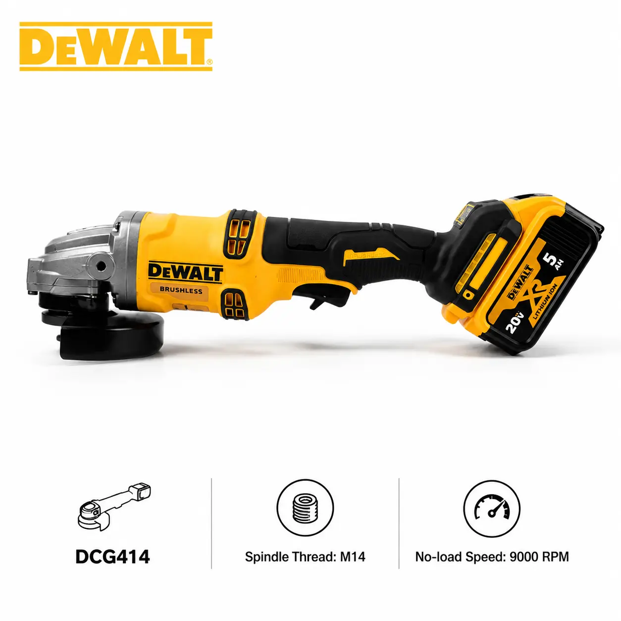 DEWALT DCG414 20V Brushless Angle Grinder, 9000RPM M14 Spindle, Anti-Kickback Cordless Tool, Steel Cutting, Surface Deburring, Stone Trim, For Professional Welders & Building Repair Work
