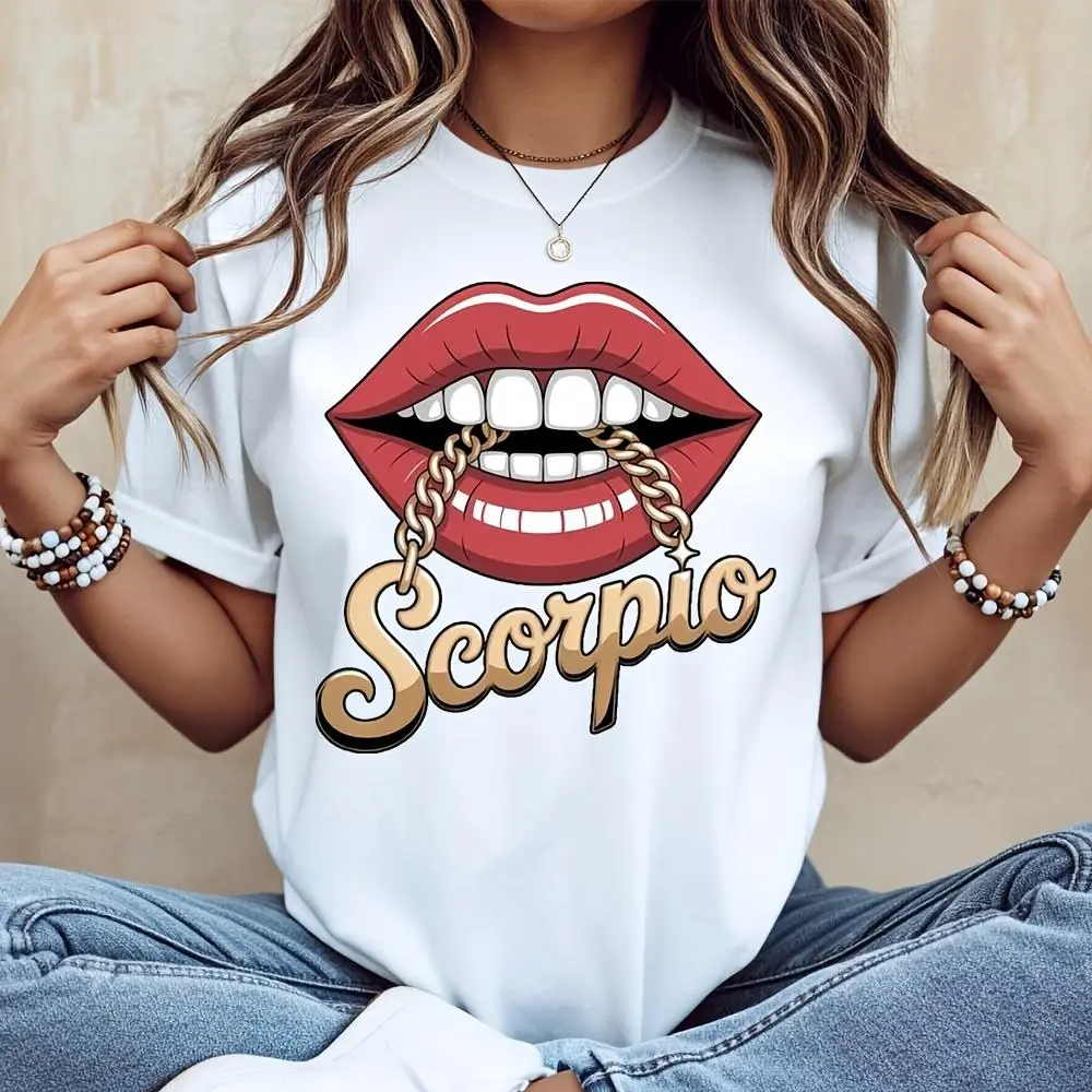 Scorpio Lips Chain Graphic Print T-Shirt, Zodiac Astrology Sign Fashion Top, Casual Daily Wear Street Style Outfit
