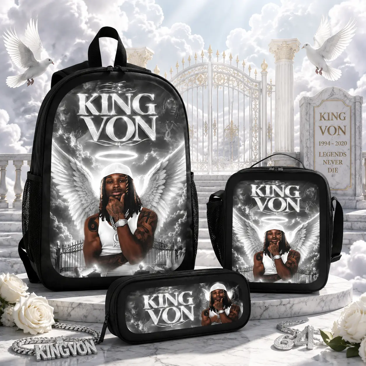 3-Piece Casual Backpack Set for Teens, Geometric Rapper Fan Print High-Capacity School Bag with Lunch Bag, Pencil Case, and Adjustable Shoulder Strap, Built-In Organizer, Hip Hop, Zipper, Streetwear Enthusiasts, Back To School Haul, Campus Life, Unisex, E