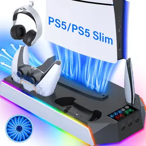 Controller Charging Station for PS5 & PS5 Slim,3 Level Cooling Fan & 8 RGB Light & Headset Holder,Cooling Stand for PS5 and PS5 Slim Consoles
