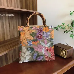 2025 New Retro Color Sequined Embroidered Bamboo Tote Handbag - Hand-Carry Bag for Sports & Outdoor Protective Gear Use