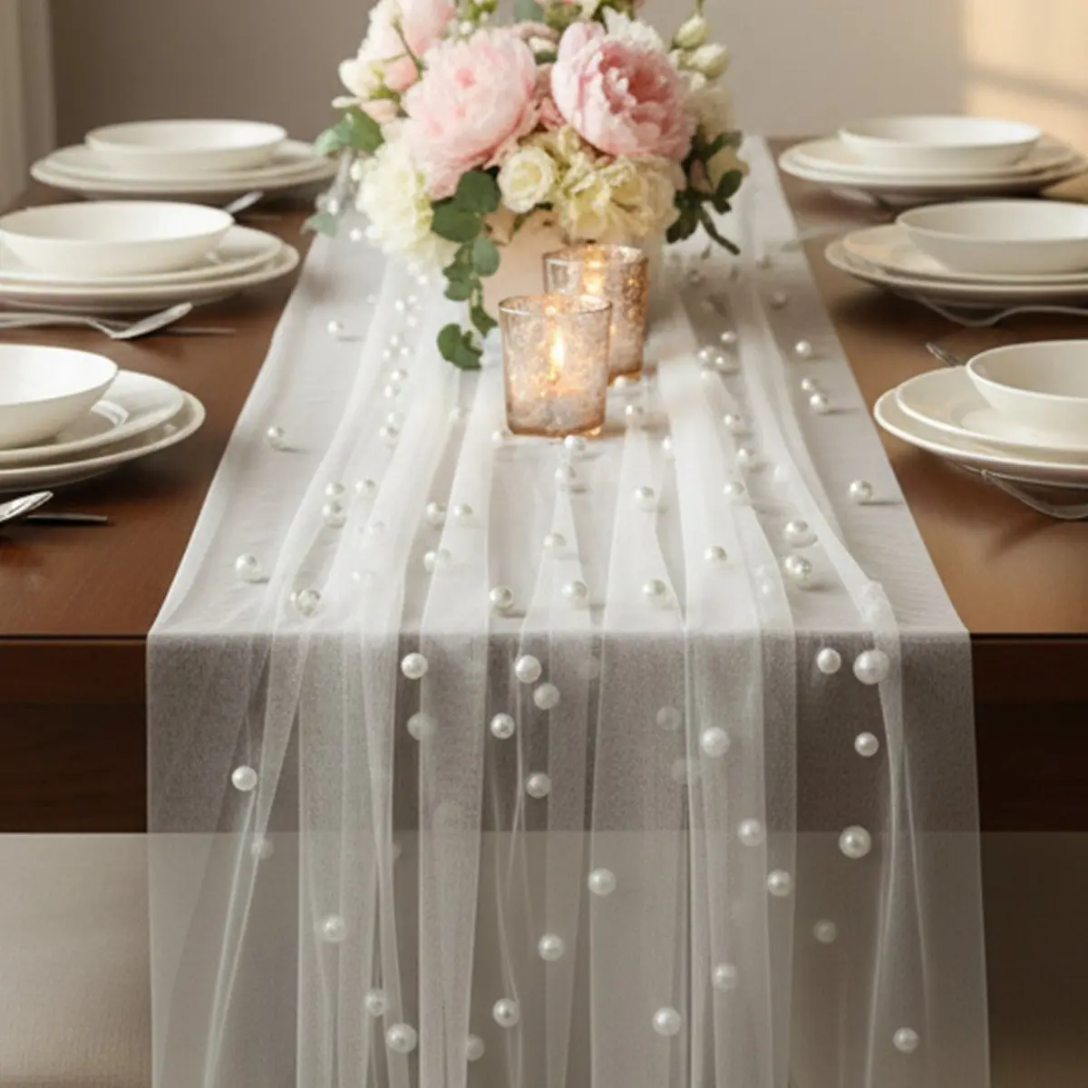 2PCS Pearl Sheer Tulle Fabric ,Elegant White Wedding Backdrop Drapes for Ceremony Arch, Bridal Bouquet Wrap, Backdrop Fabric For Table Runner & Desktop Decoration Ornament For Holiday Party