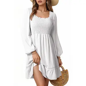 Dokotoo White Dress for Women 2026 Casual Long Lantern Sleeve Dresses Square Neck Flowy Tiered High Elastic Waist A-Line Short Mini Dress Boho Beach Vacation Outifits