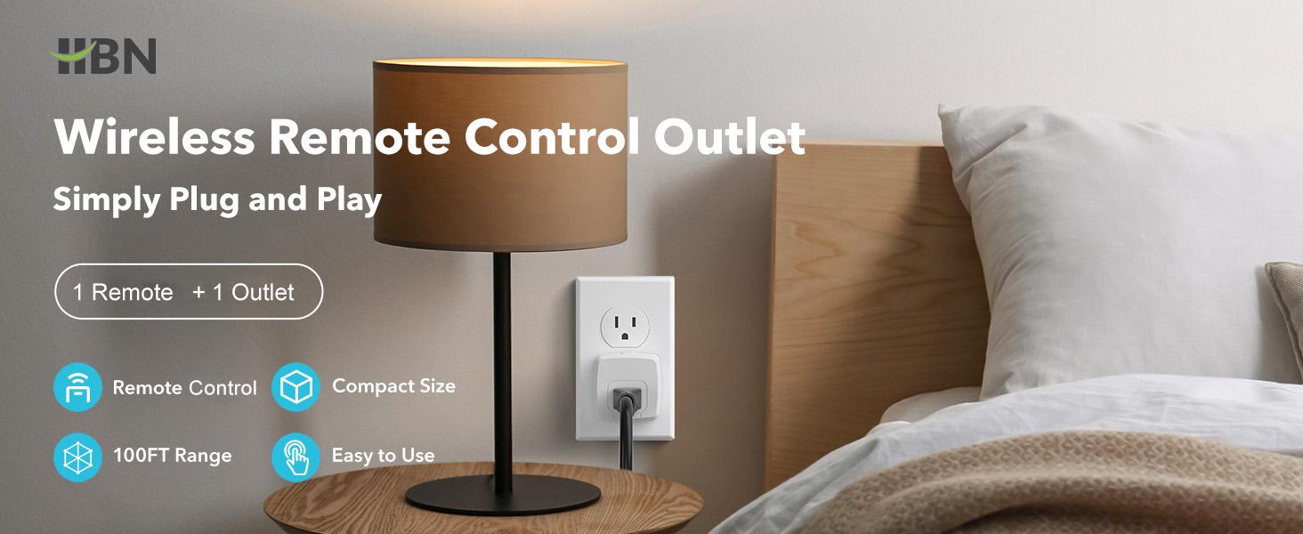 HBN Remote Control Outlet with 100FT RF Signal, Wireless On Off Switch Plug for Household Appliances, Battery Included, 15A/1875W(1 Outlet + 1Remote)