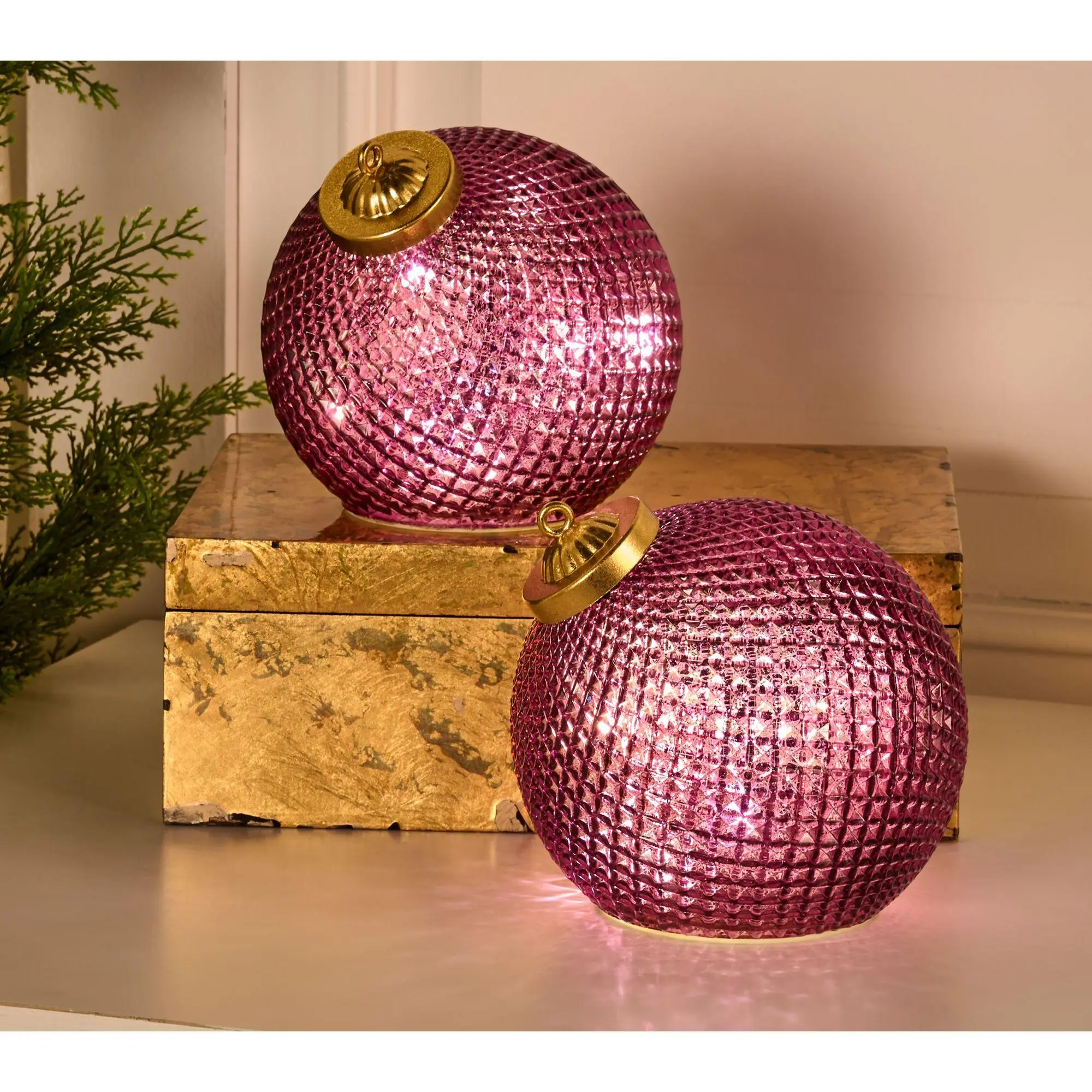 Set of (2) 6" Illuminated Diamond Glass Ornaments by Valerie Set of (2) 6" Illuminated Diamond Glass Ornaments by Valerie