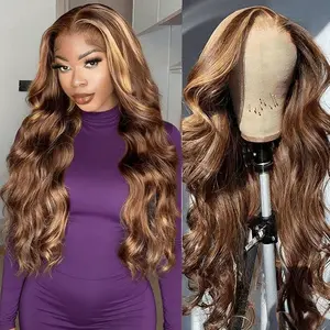 SheReigns HD Transparent 13x4 Lace Front Hair Wigs P4/27 Highlight Raw Brazilian Body Wave Pre Plucked Human Hair Wig 180 Density 99j Lace Frontal Wigs For Women