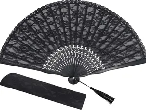Lace Handheld Chinese Folding Fan Bamboo Silk Folding Fan for Women Wedding Decoration Dancing Party, Black
